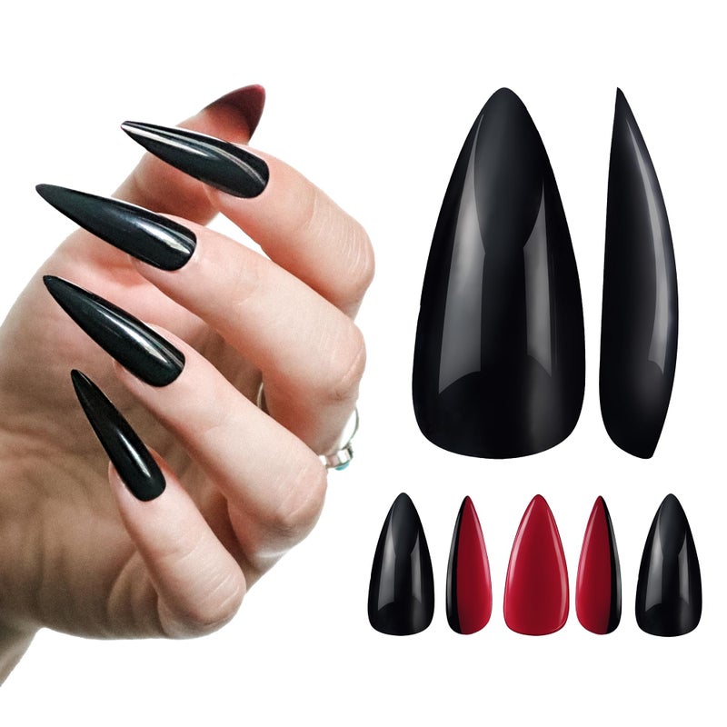 Allkem Press On Nails - Black Red Bottoms Glossy Extra Long Sculpted Stiletto 2 Set Bundle | 10 sizes - 20 pcs Nail kit with Glue - Image 1